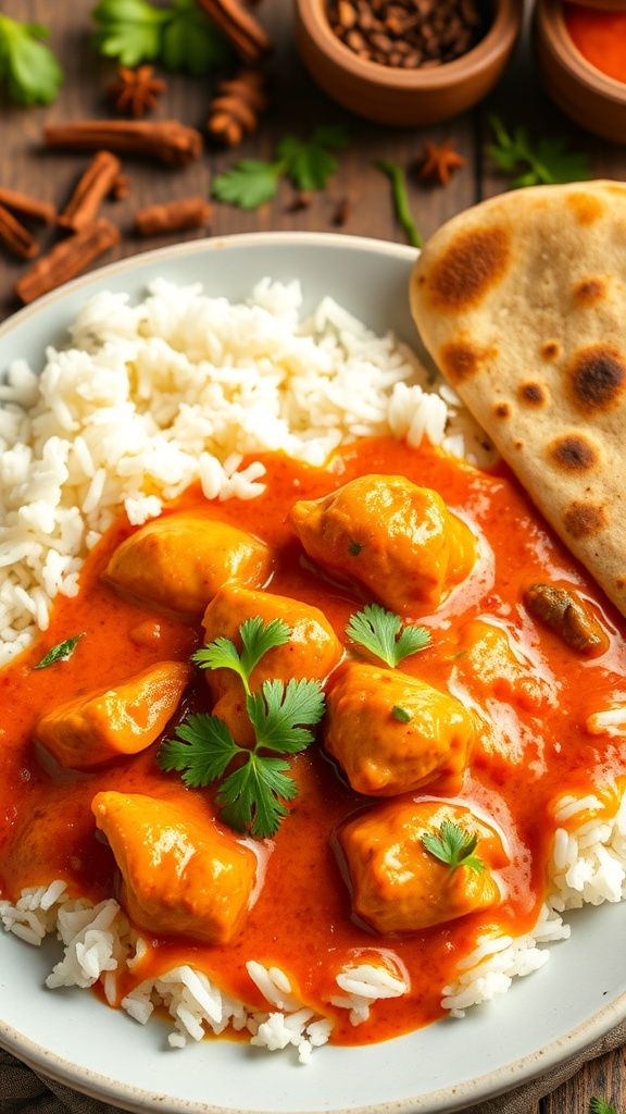 Butter chicken with rice and naan, garnished with cilantro on a rustic table.